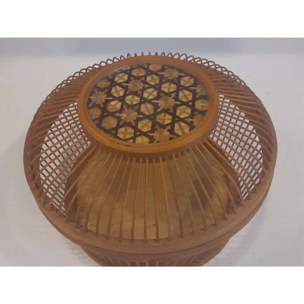 Vintage Asian Bamboo Cricket Basket w/ Wicker Details